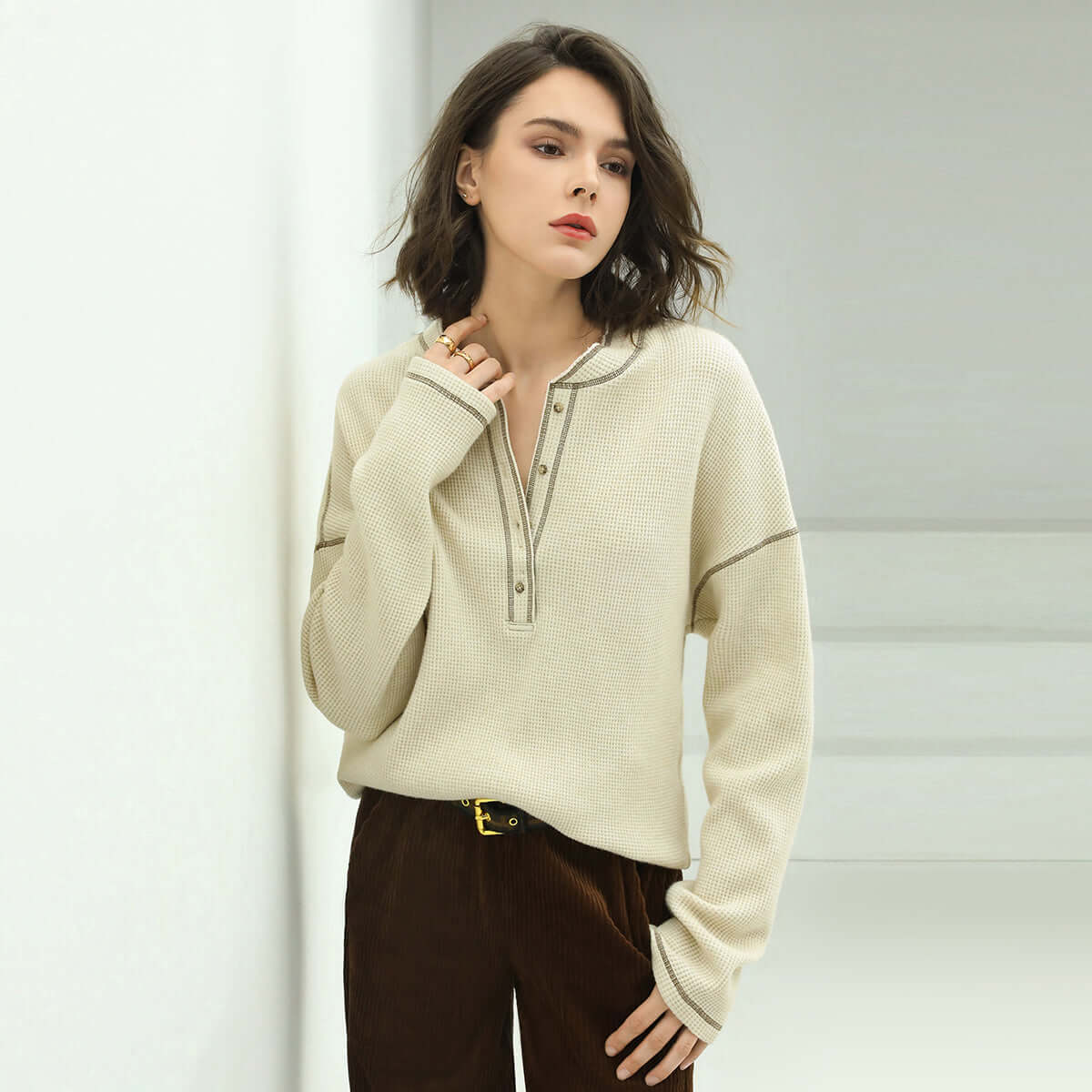 Casual Cream Half Button Pullover Sweater with Contrast Lined Details