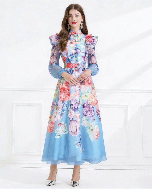 Celeste Garden Ruffle Shoulder Floral Chiffon Maxi Dress