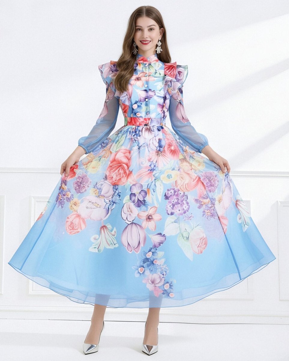 Celeste Garden Ruffle Shoulder Floral Chiffon Maxi Dress