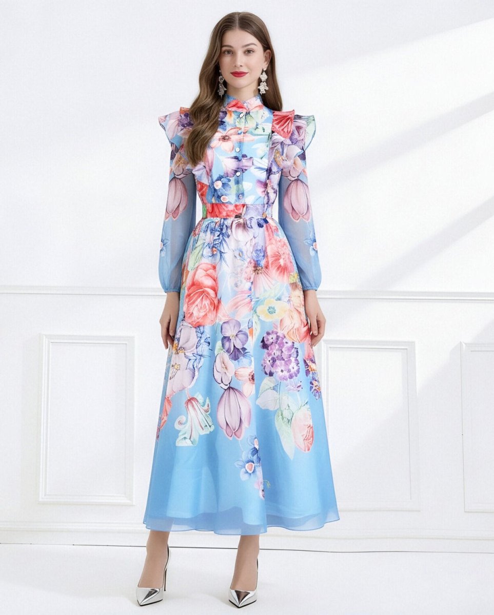 Celeste Garden Ruffle Shoulder Floral Chiffon Maxi Dress