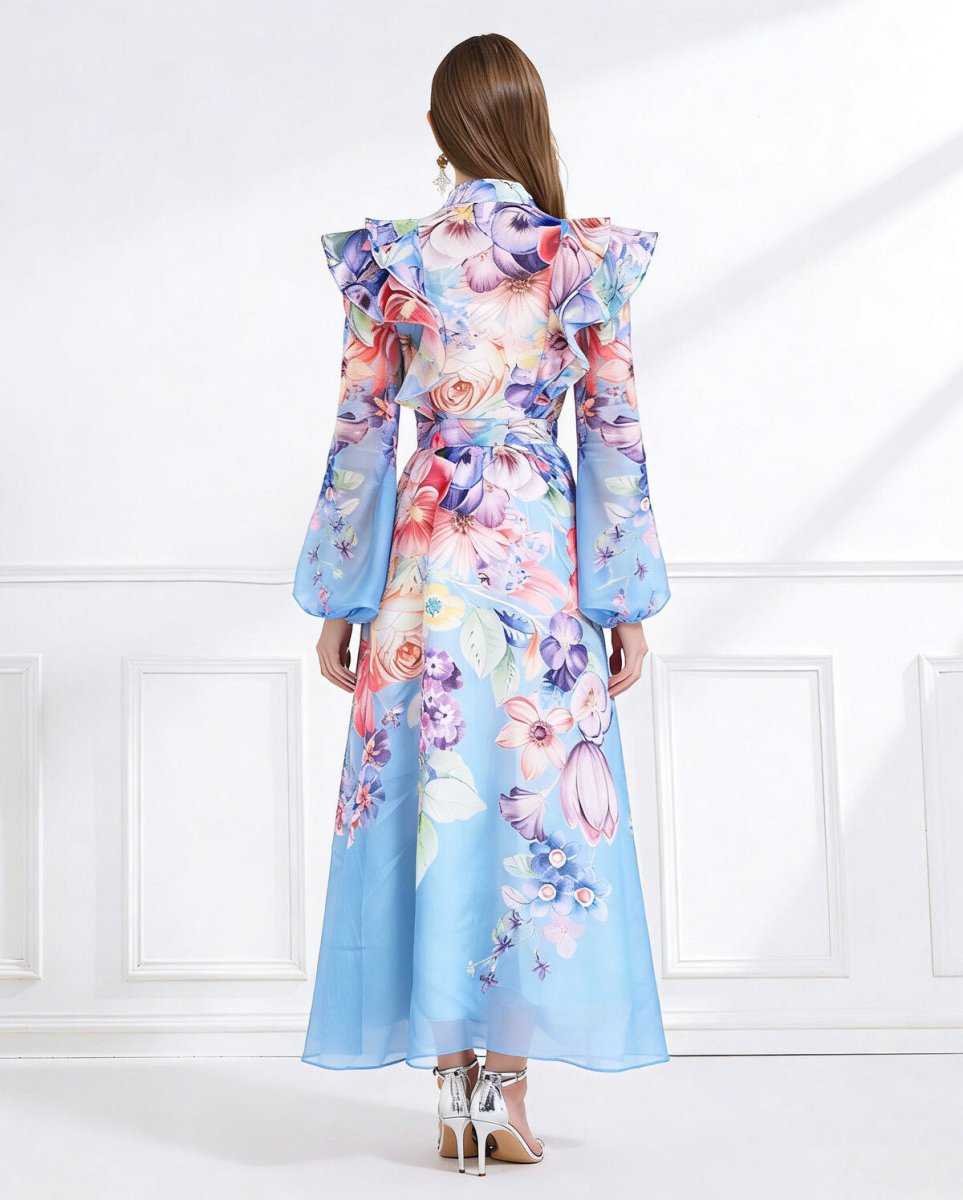 Celeste Garden Ruffle Shoulder Floral Chiffon Maxi Dress