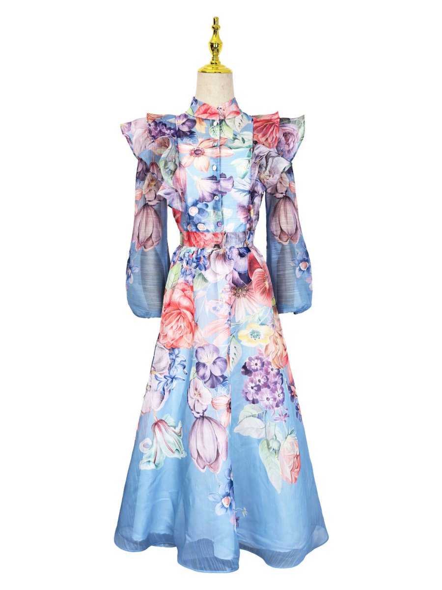Celeste Garden Ruffle Shoulder Floral Chiffon Maxi Dress