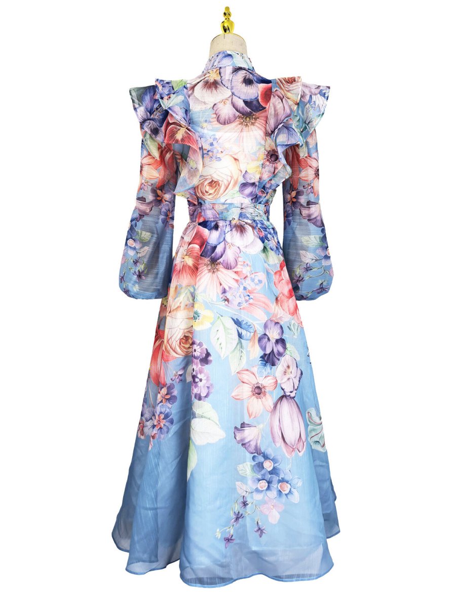 Celeste Garden Ruffle Shoulder Floral Chiffon Maxi Dress