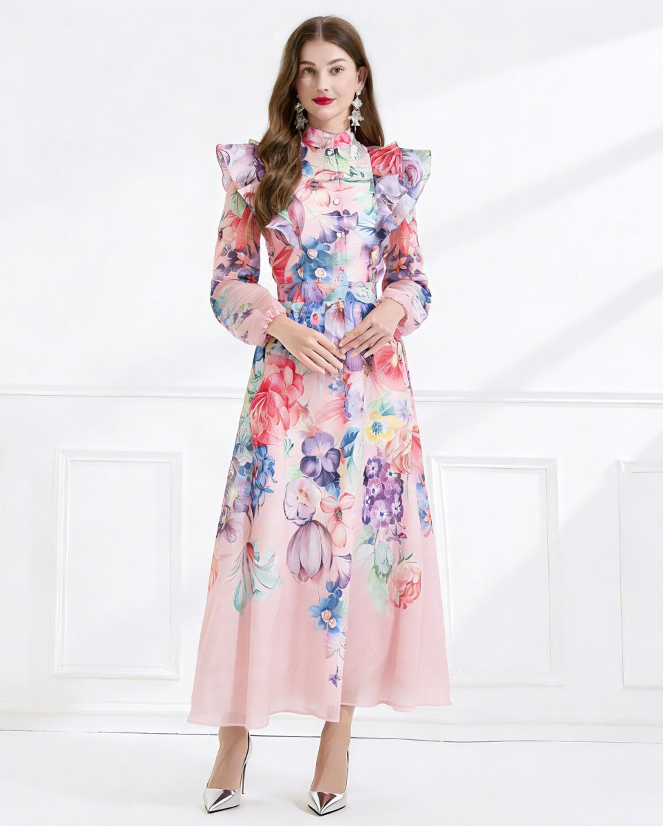 Celeste Garden Ruffle Shoulder Floral Chiffon Maxi Dress