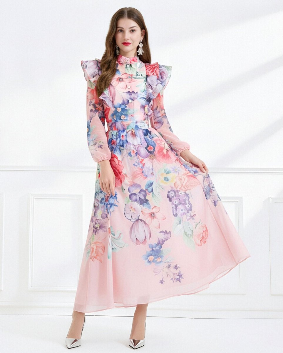 Celeste Garden Ruffle Shoulder Floral Chiffon Maxi Dress