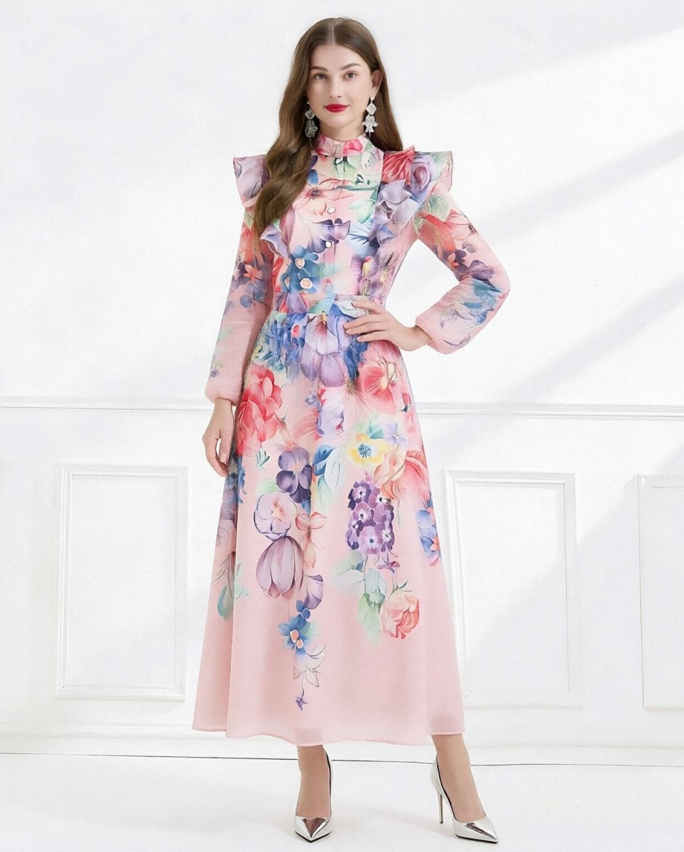 Celeste Garden Ruffle Shoulder Floral Chiffon Maxi Dress