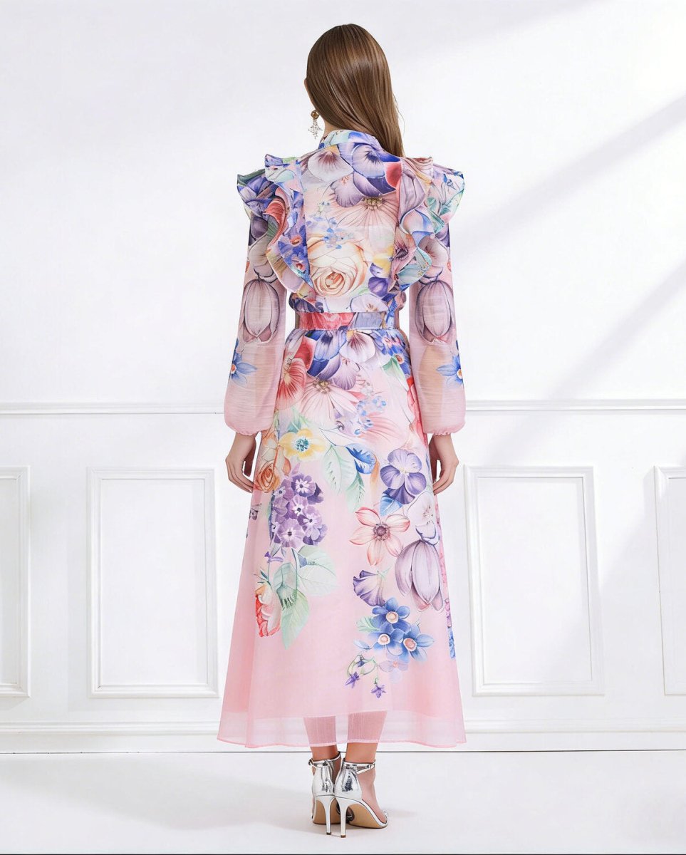 Celeste Garden Ruffle Shoulder Floral Chiffon Maxi Dress