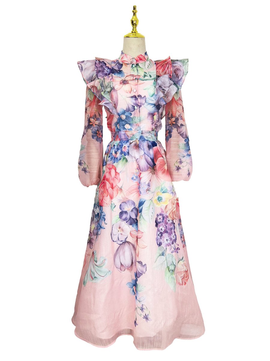 Celeste Garden Ruffle Shoulder Floral Chiffon Maxi Dress