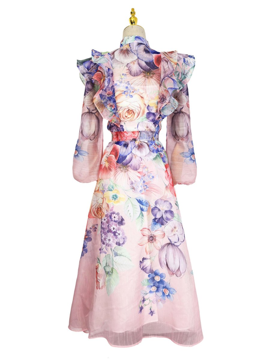 Celeste Garden Ruffle Shoulder Floral Chiffon Maxi Dress