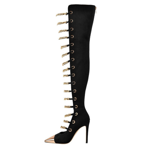 Chain Detail Over the Knee Boots with Metallic Pointed Toe