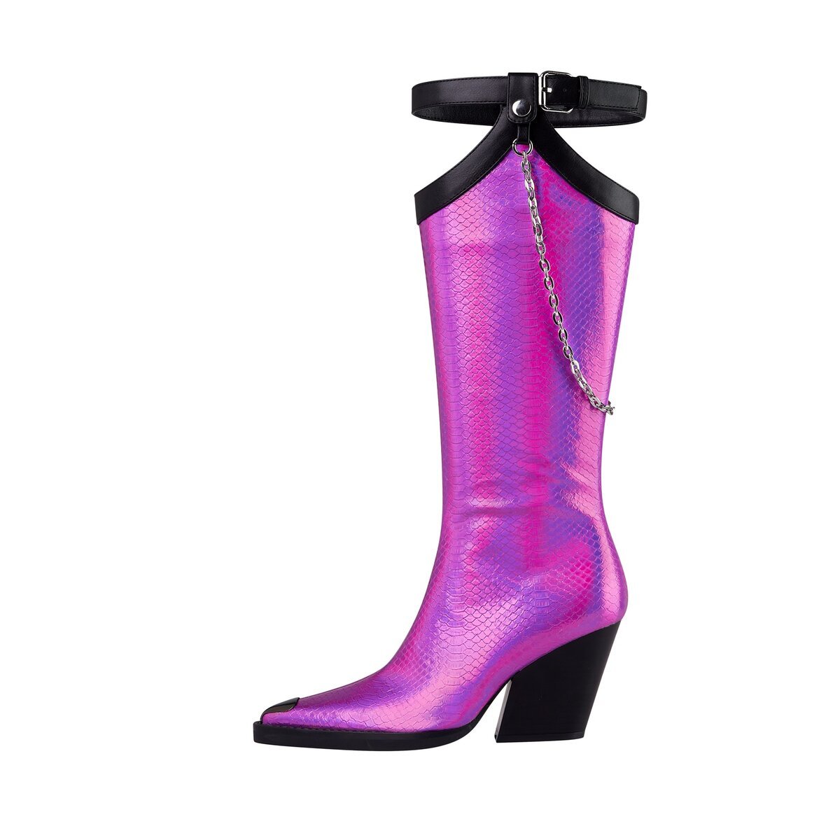 Chain Harness Cutout Knee High Western Boots
