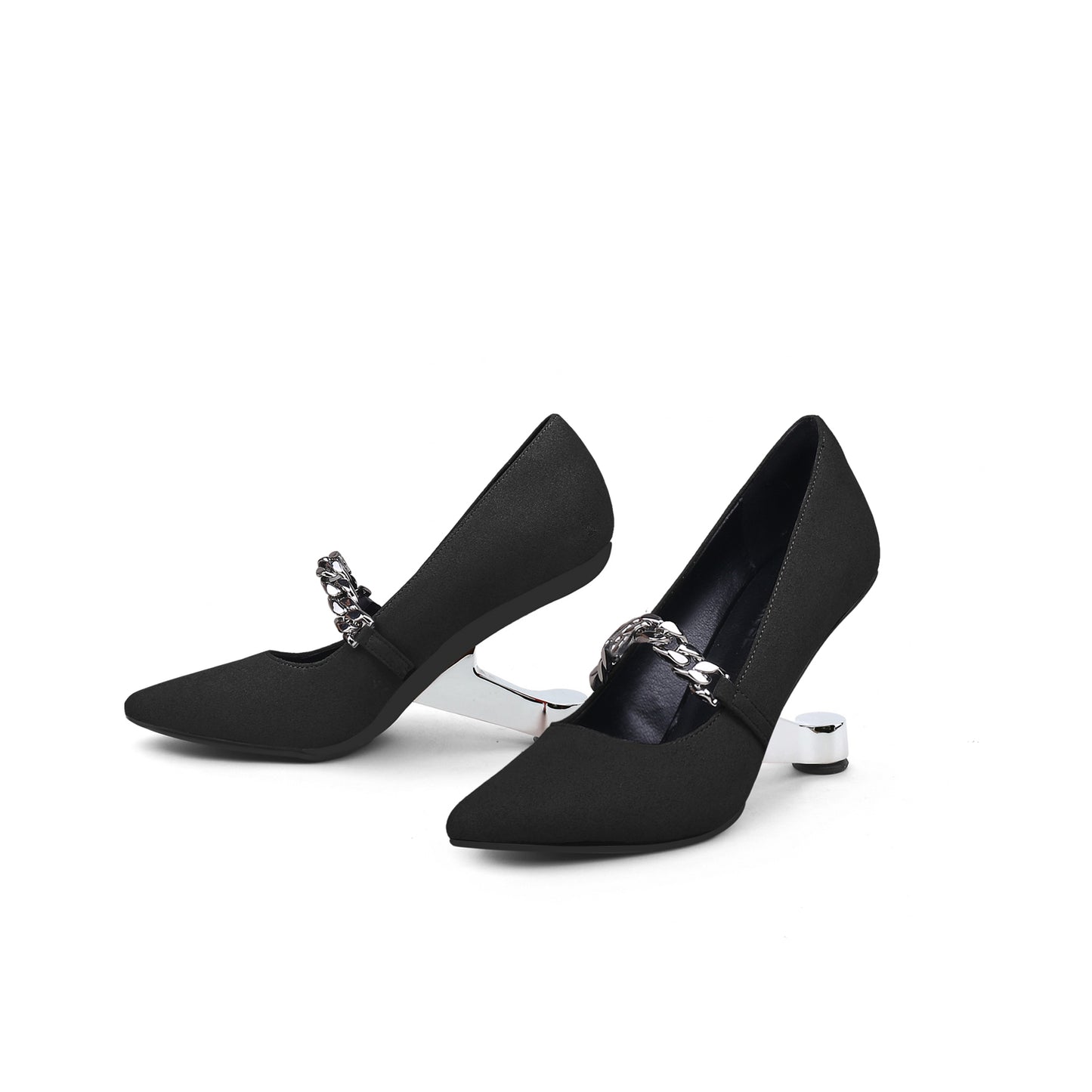 chain strap suede pumps all black 6