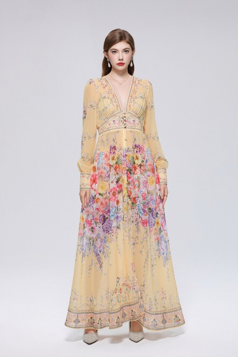 Champagne Floral Border Print Maxi Dress