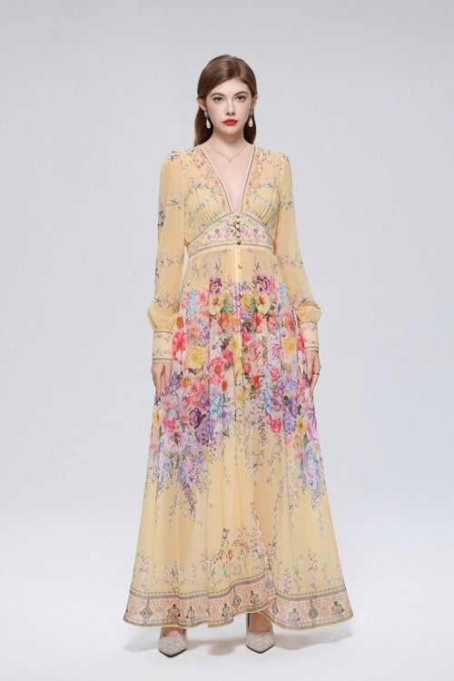 Champagne Floral Border Print Maxi Dress