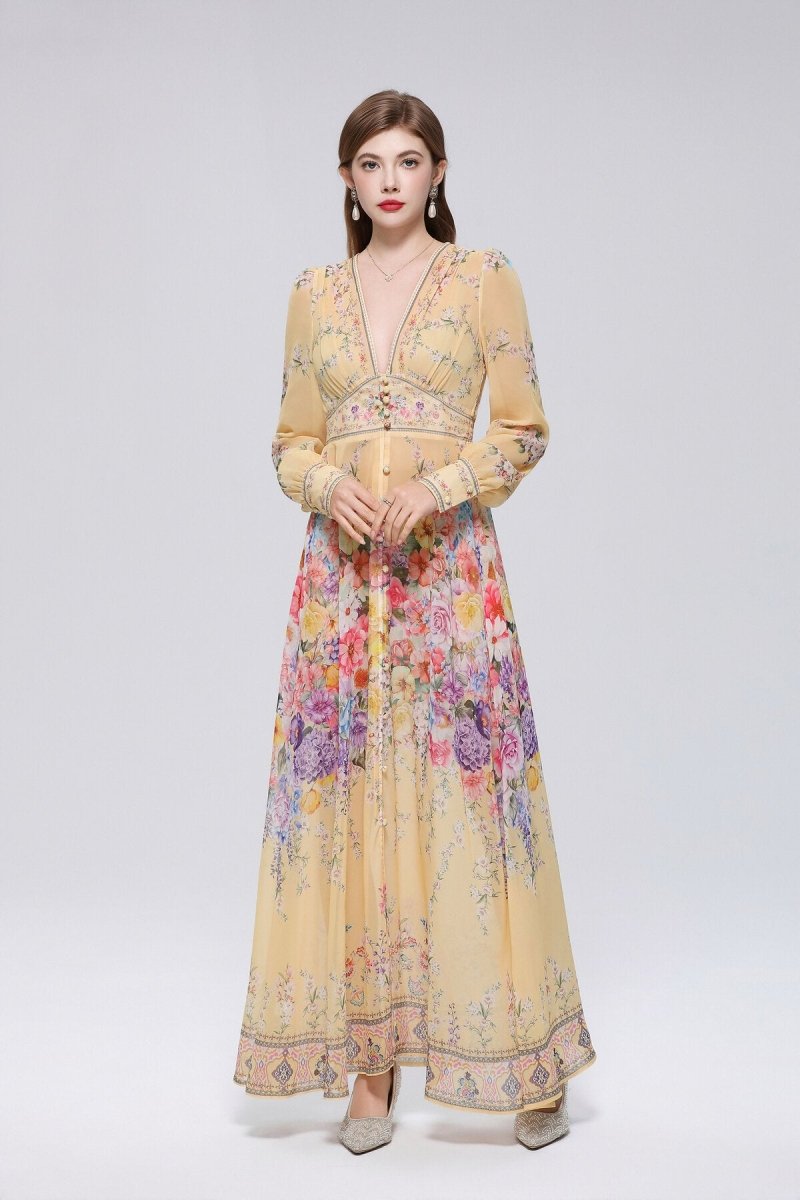 Champagne Floral Border Print Maxi Dress