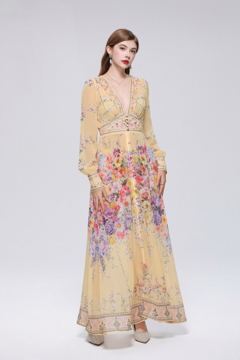 Champagne Floral Border Print Maxi Dress