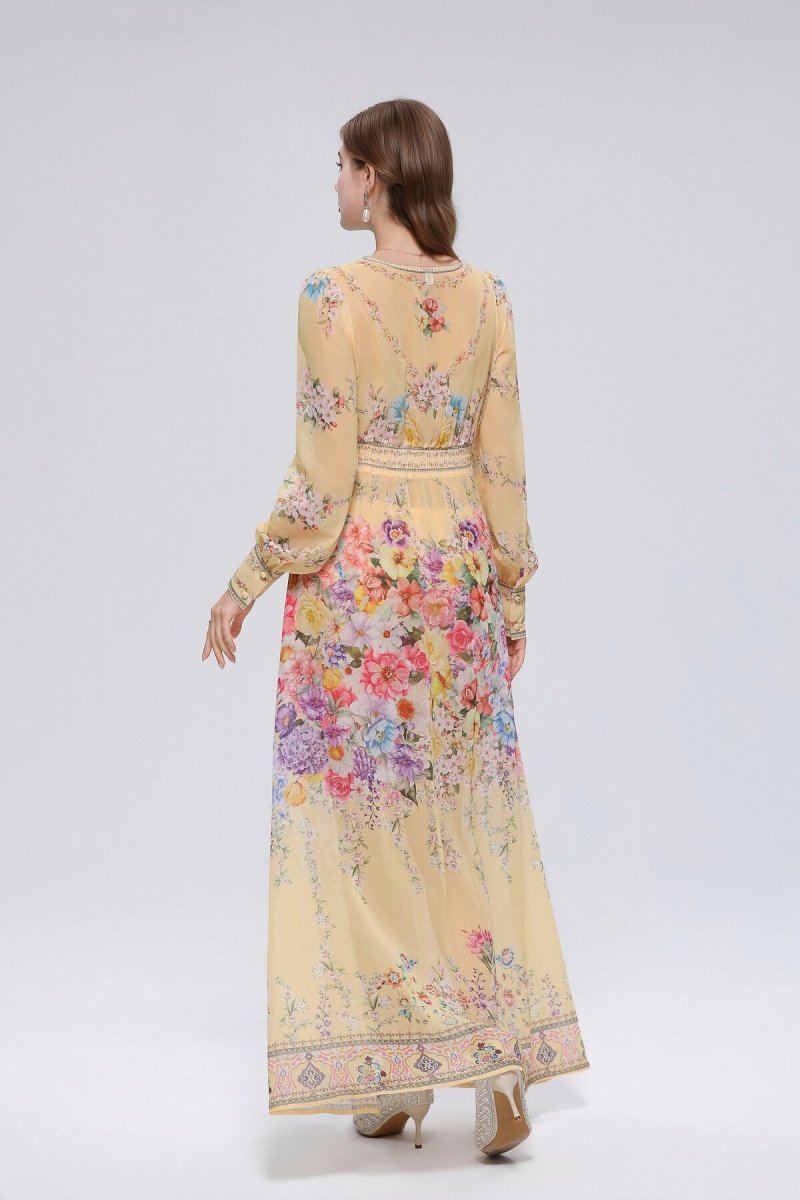 Champagne Floral Border Print Maxi Dress