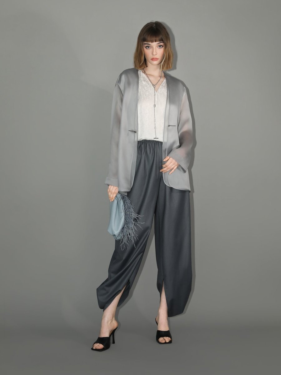 Charcoal Wide Leg Side Slit Satin Balloon Pants - 0cm