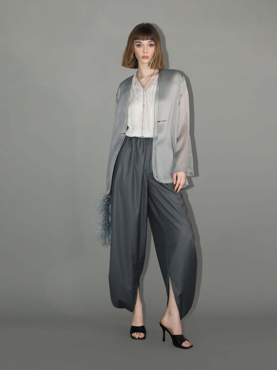 Charcoal Wide Leg Side Slit Satin Balloon Pants - 0cm