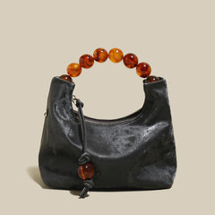 Charming Beaded Handle Leather Bag