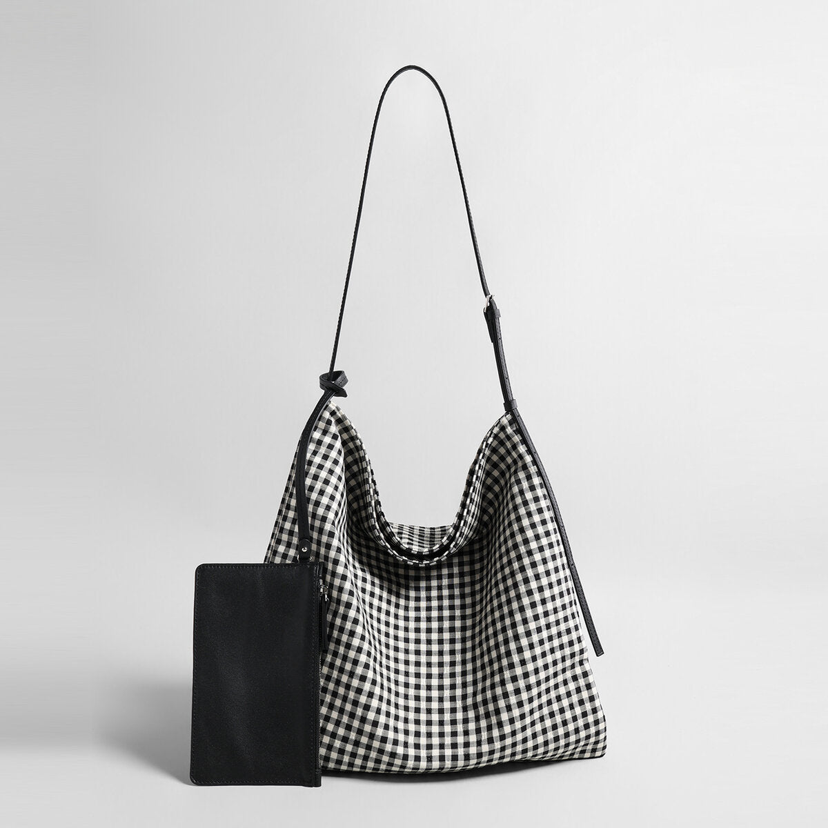Check Print Canvas Hobo Tote Bag – Knotted Leather Strap with Detachable Zipper Pouch