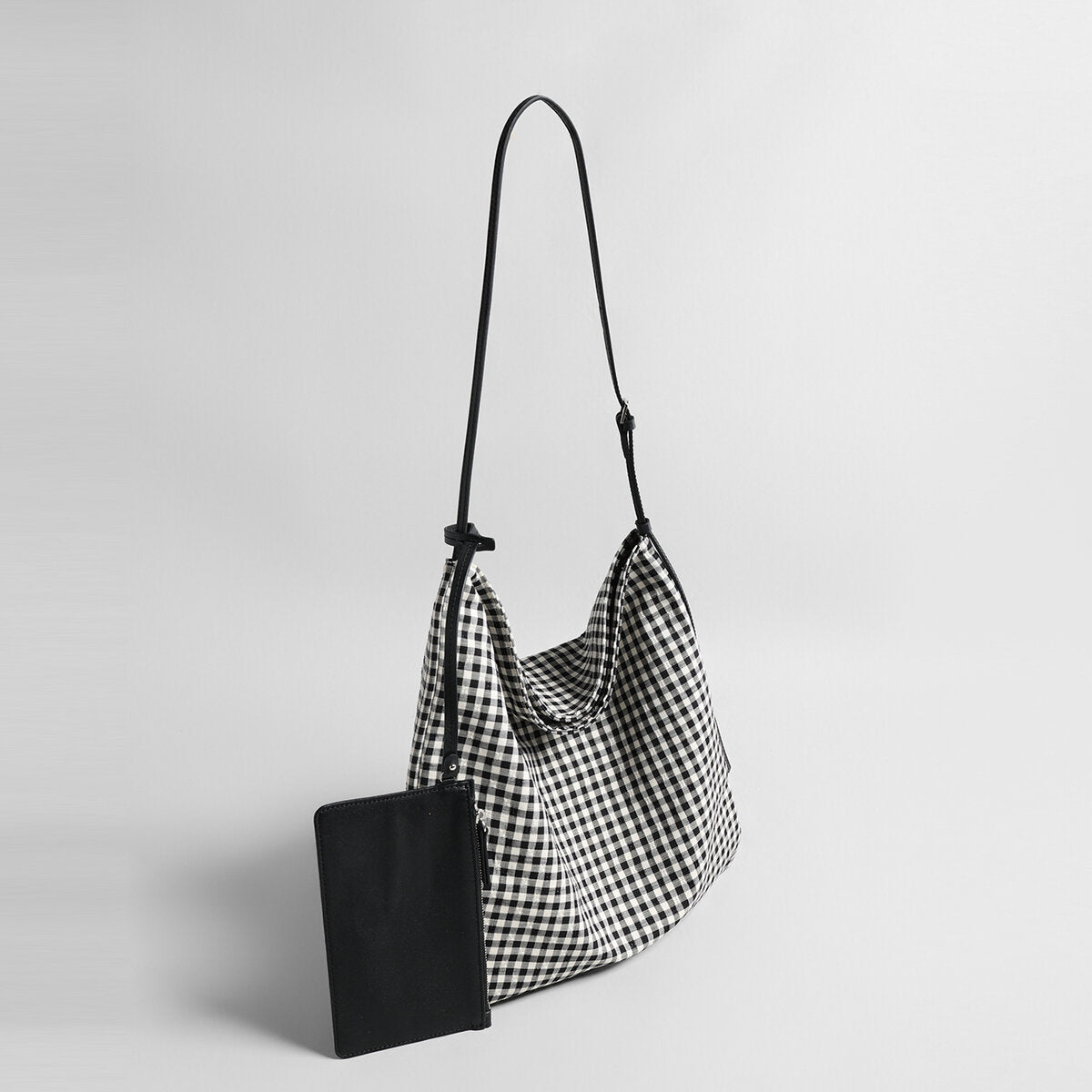 Check Print Canvas Hobo Tote Bag – Knotted Leather Strap with Detachable Zipper Pouch