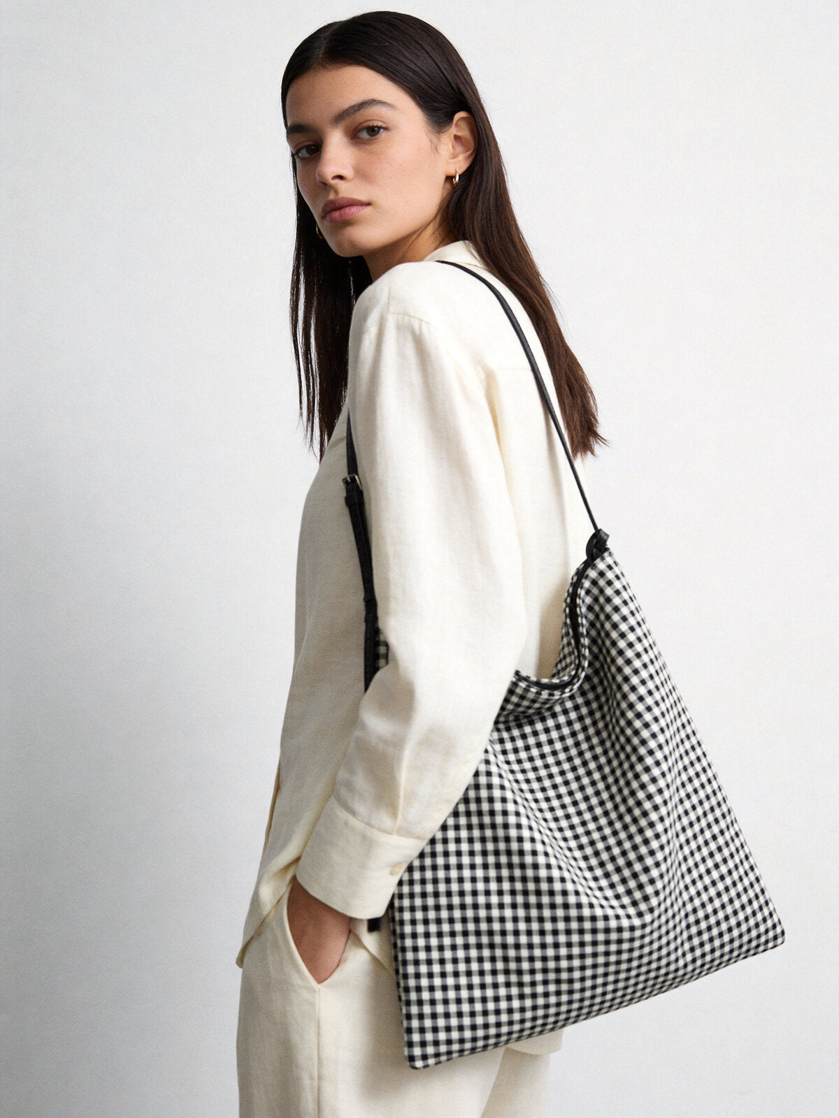 Check Print Canvas Hobo Tote Bag – Knotted Leather Strap with Detachable Zipper Pouch