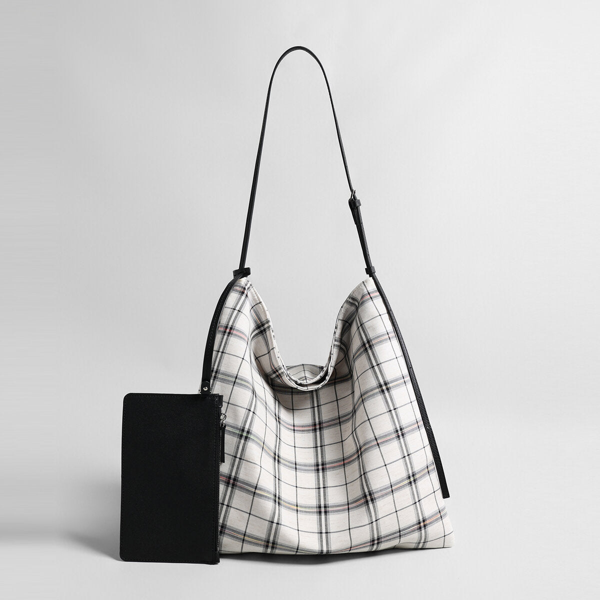 Check Print Canvas Hobo Tote Bag – Knotted Leather Strap with Detachable Zipper Pouch