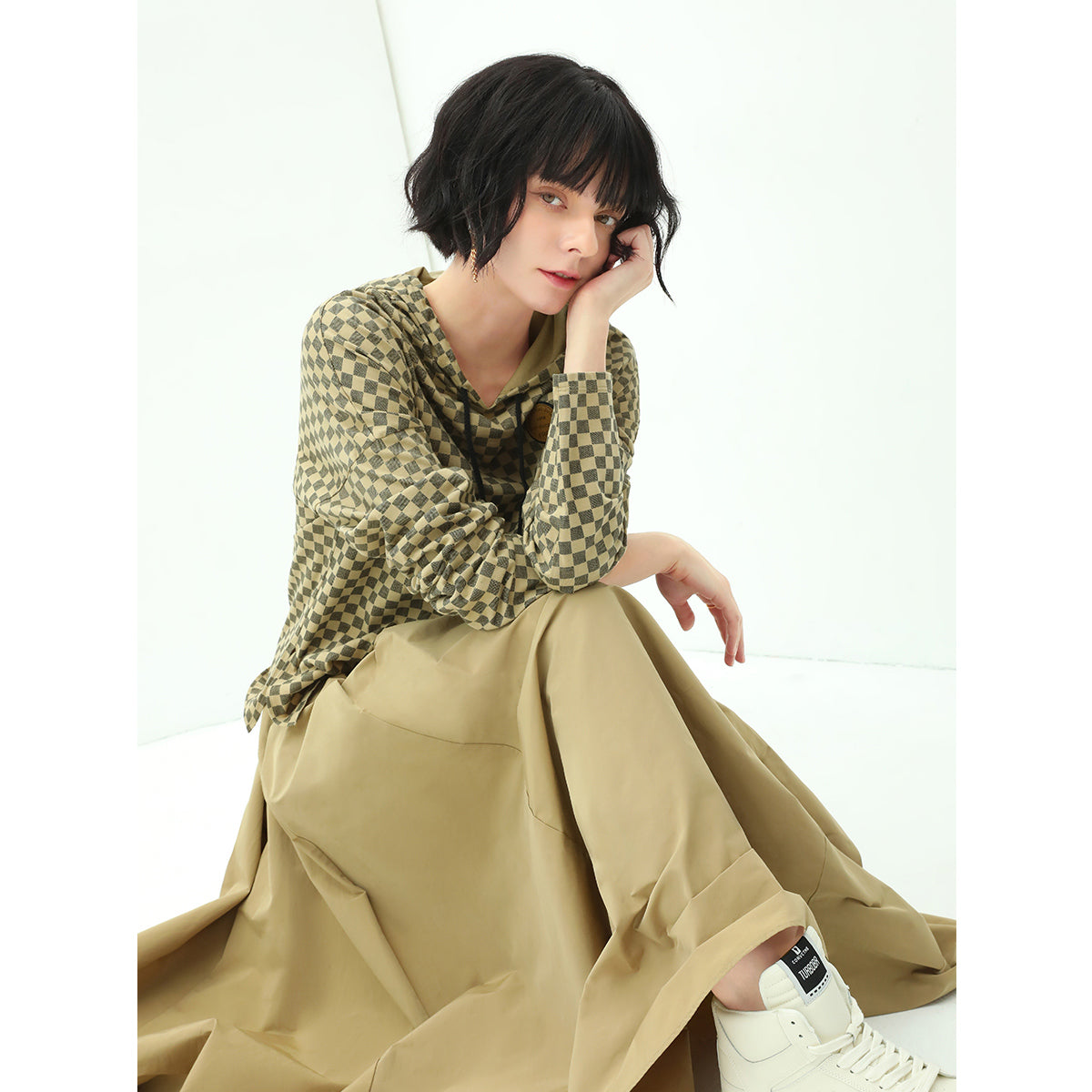 chessboard khaki hooded sweater all khaki 2