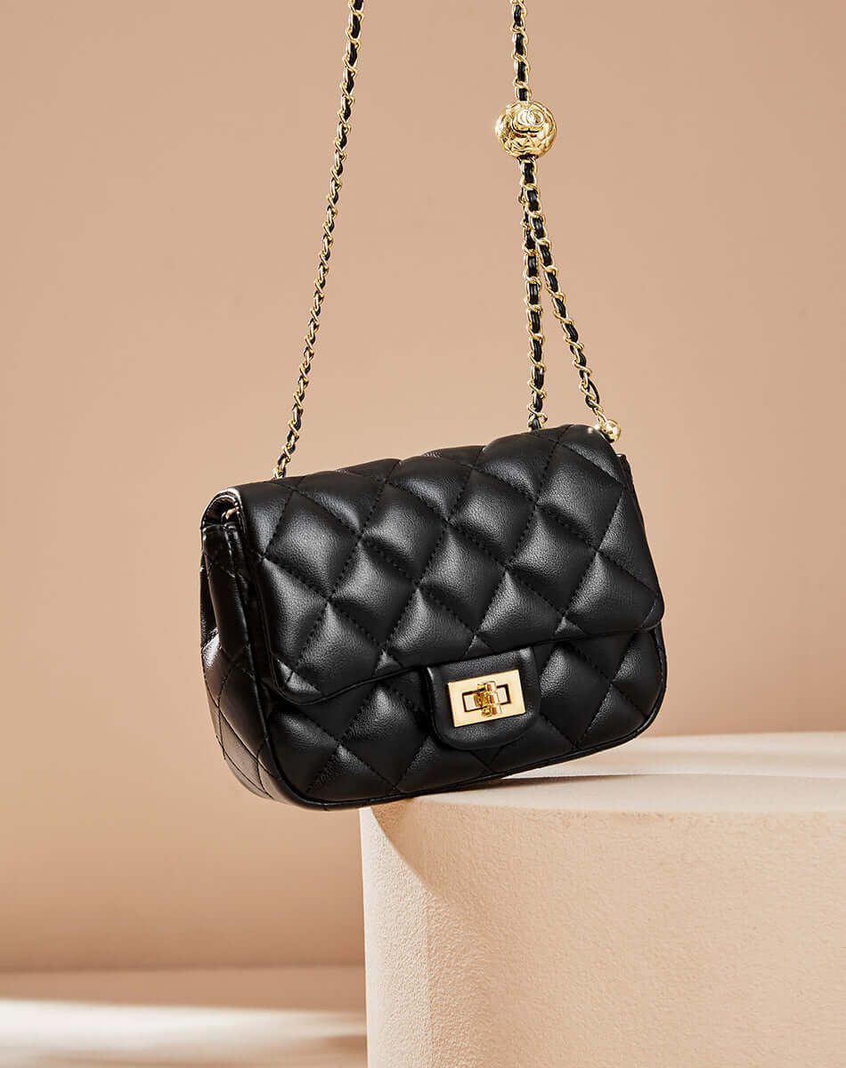 chic black diamond quilted chain leather bag all 5