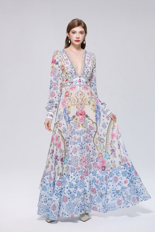 Chinoiserie Baroque Floral Deep V-Neck Maxi Dress