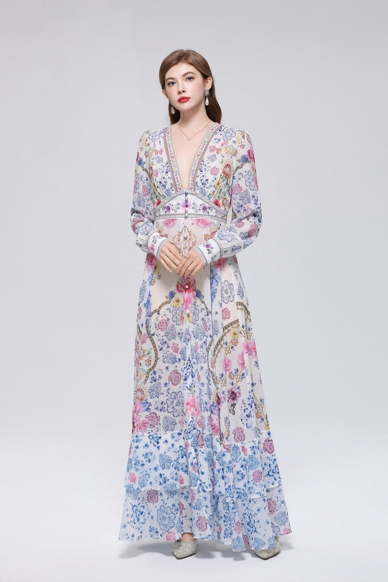 Chinoiserie Baroque Floral Deep V-Neck Maxi Dress