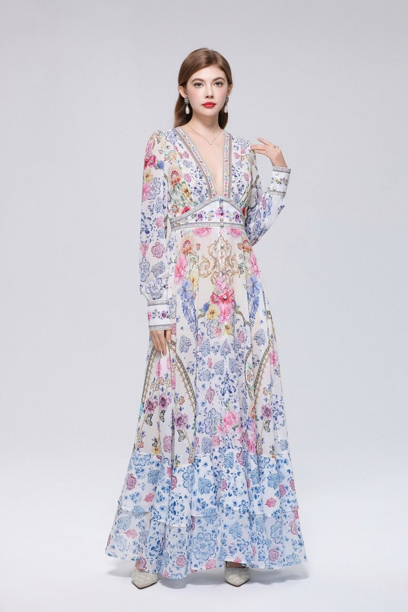 Chinoiserie Baroque Floral Deep V-Neck Maxi Dress