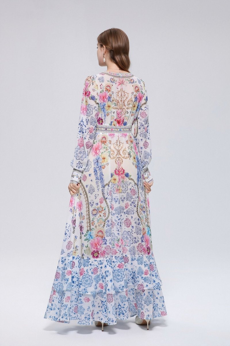 Chinoiserie Baroque Floral Deep V-Neck Maxi Dress