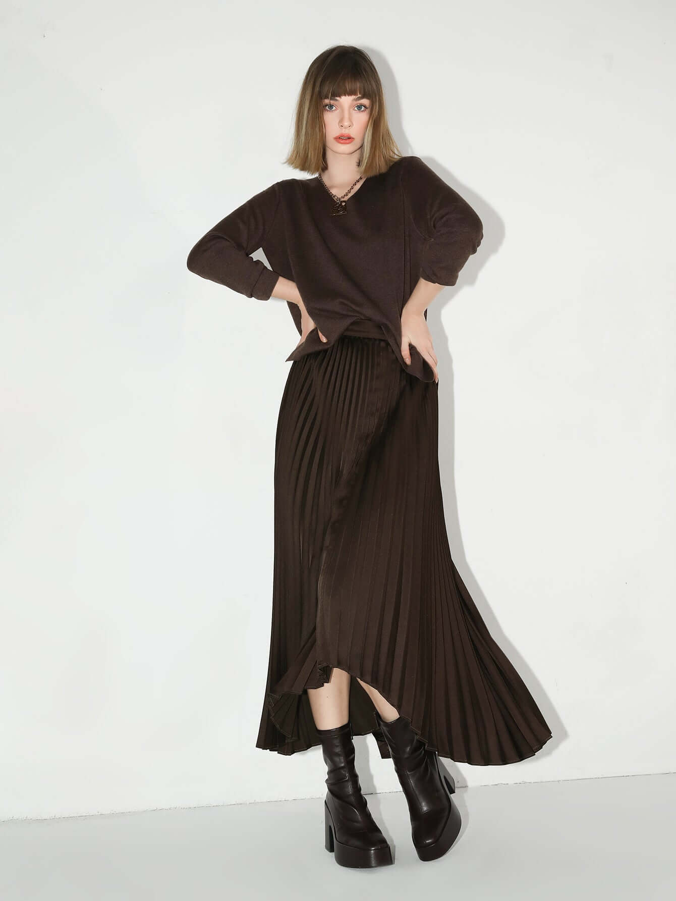 chocolate brown high low asymmetric pleated midi skirt all brown 1