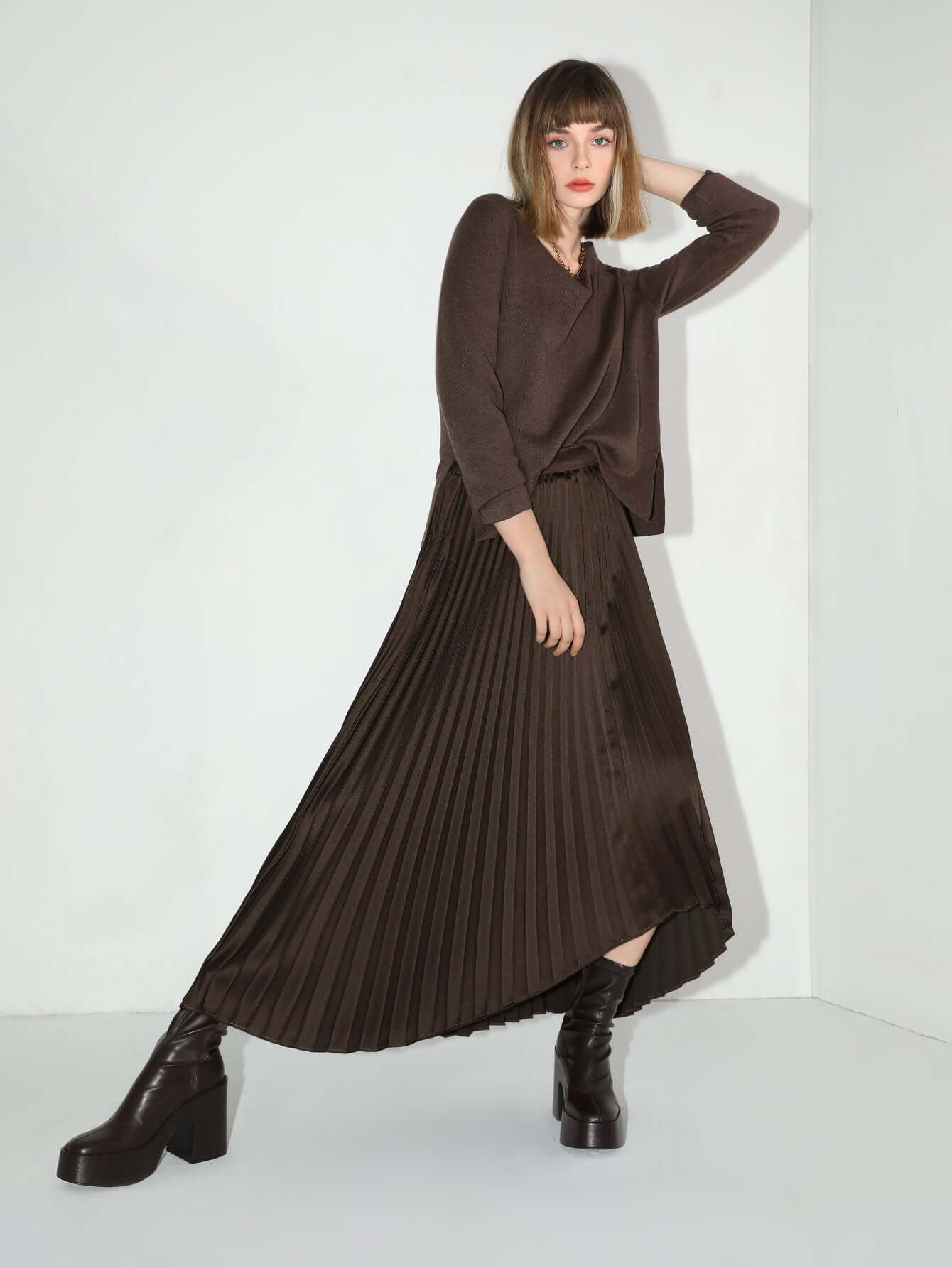 chocolate brown high low asymmetric pleated midi skirt all brown 2