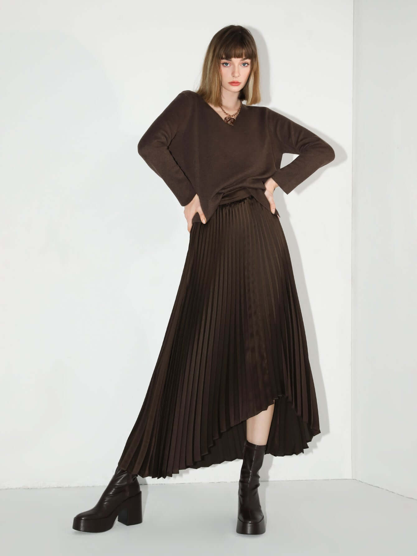 chocolate brown high low asymmetric pleated midi skirt all brown 3