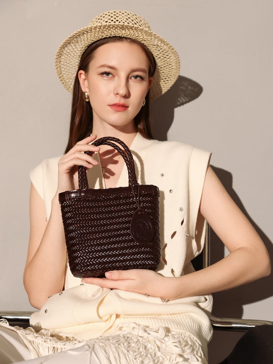 Chocolate Organic Reed Woven Basket Bag - 0cm