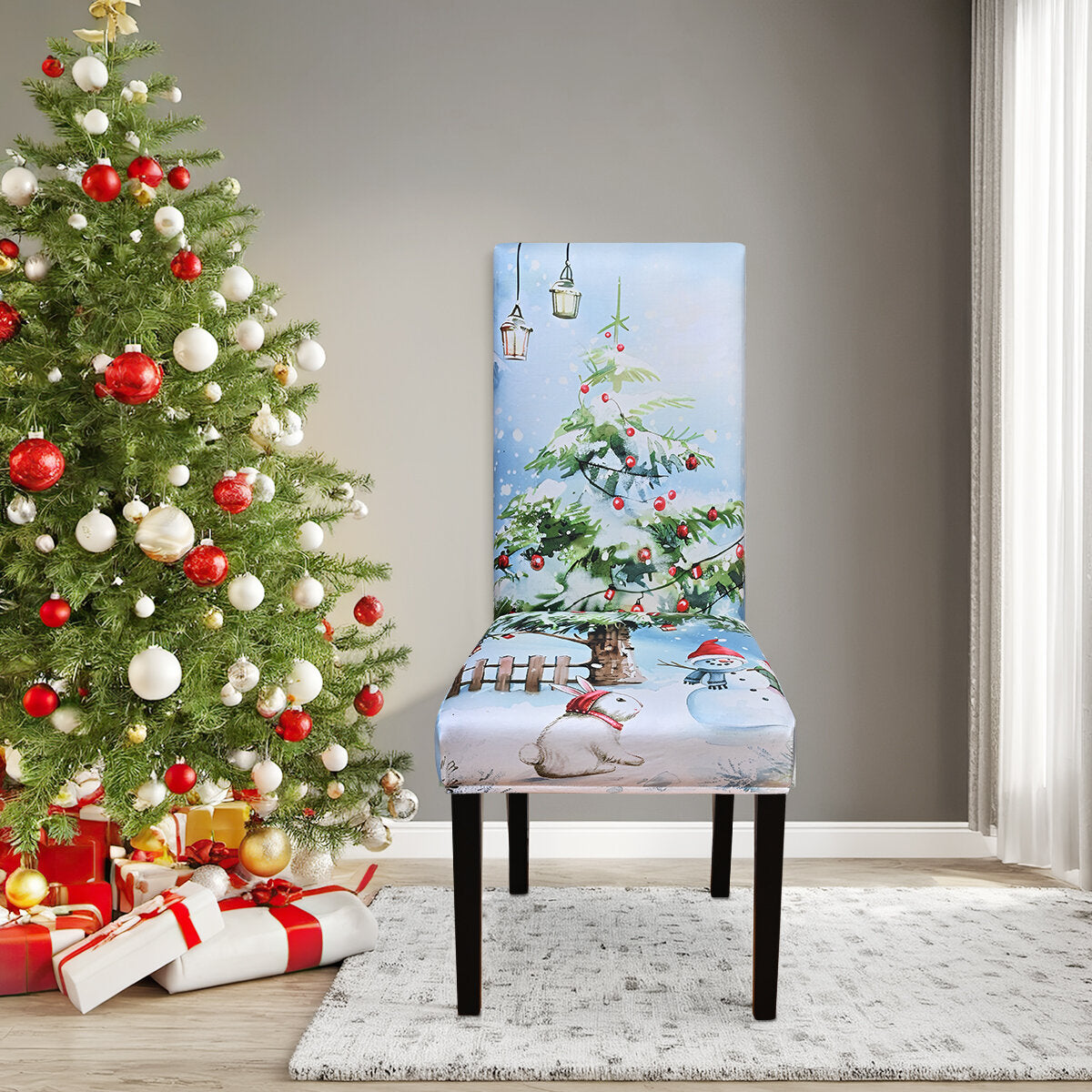 Christmas Lights Tree & Snowman Chair Cover – Watercolor Stretch Dining Slipcover