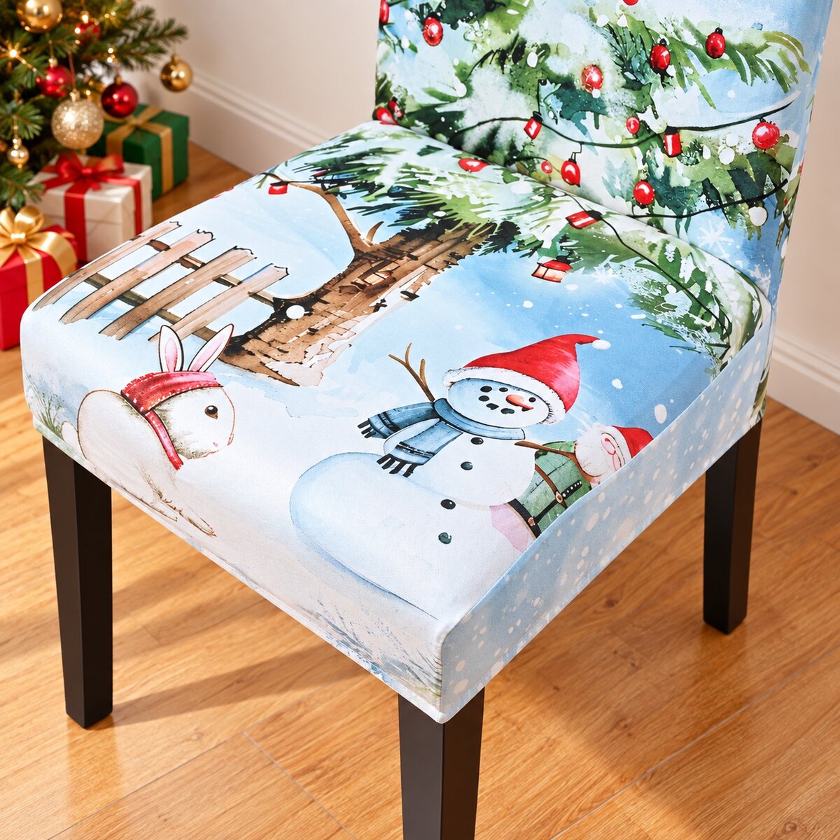 Christmas Lights Tree & Snowman Chair Cover – Watercolor Stretch Dining Slipcover