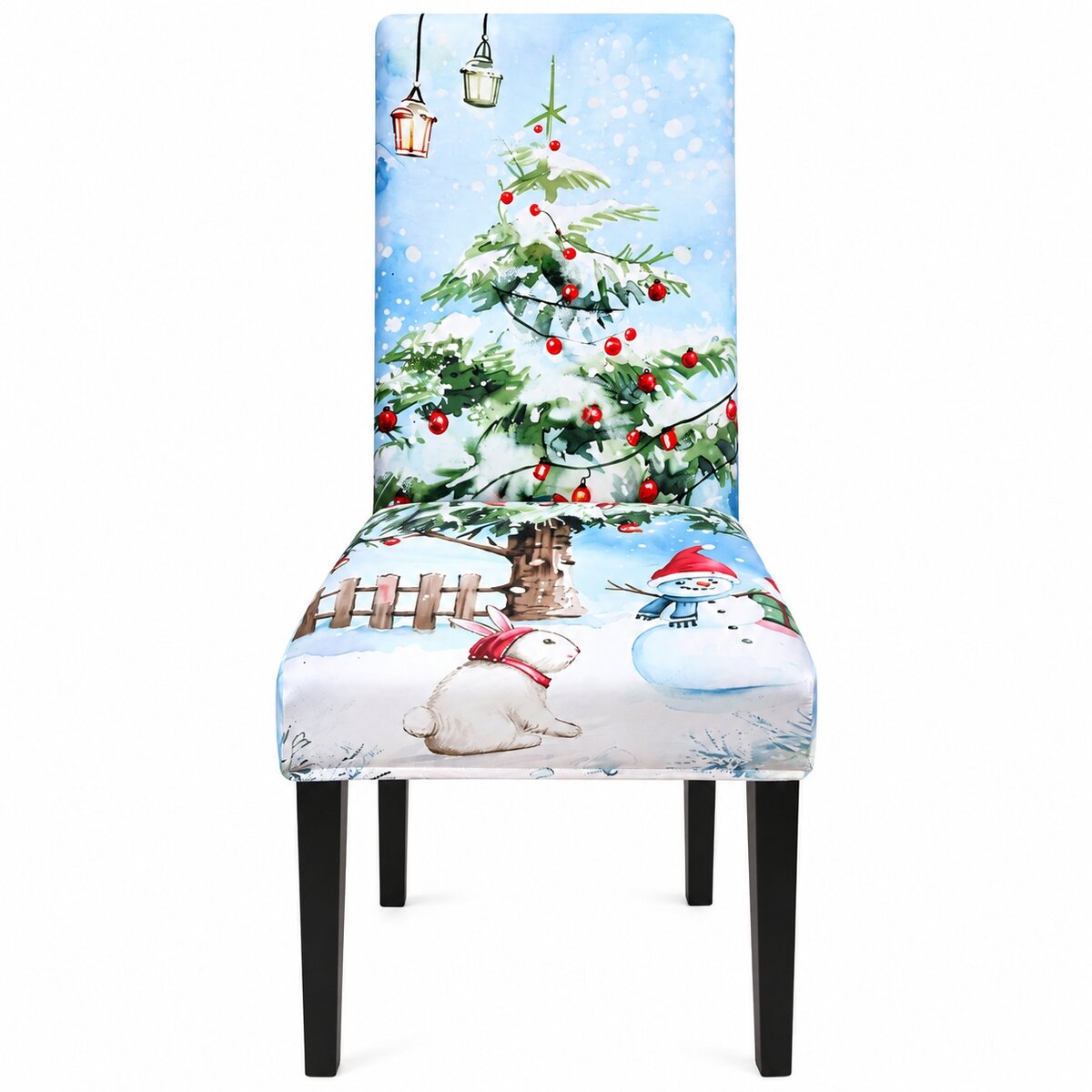 Christmas Lights Tree & Snowman Chair Cover – Watercolor Stretch Dining Slipcover
