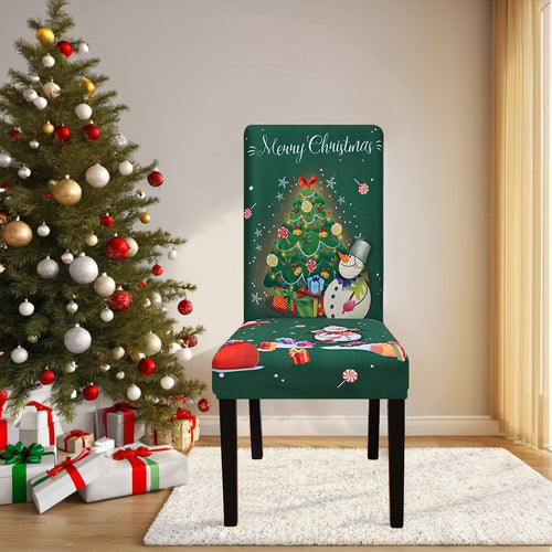 Christmas Tree & Snowman Chair Cover – Stretch Dining Chair Slipcover