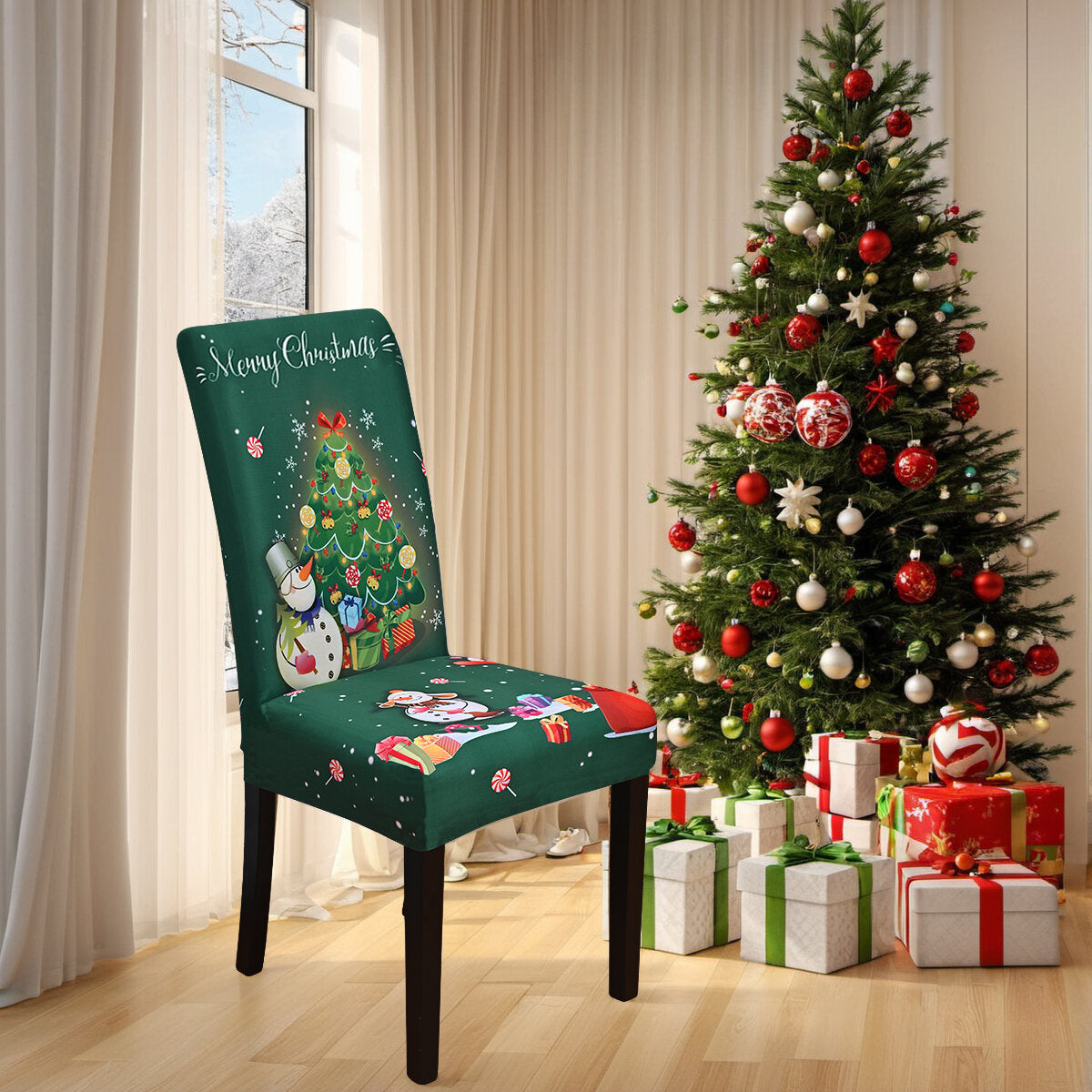 Christmas Tree & Snowman Chair Cover – Stretch Dining Chair Slipcover