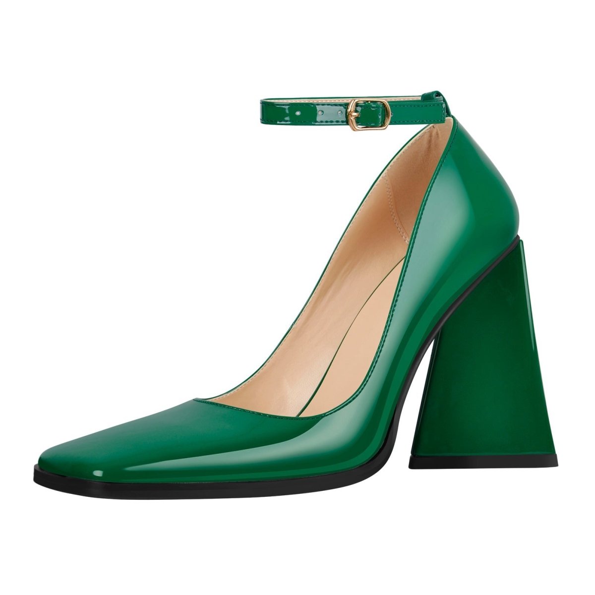 Chunky Square Toe Ankle Strap Heels - 0cm