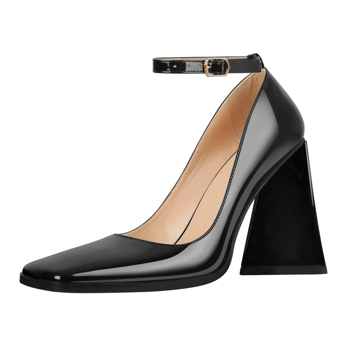 Chunky Square Toe Ankle Strap Heels - 0cm