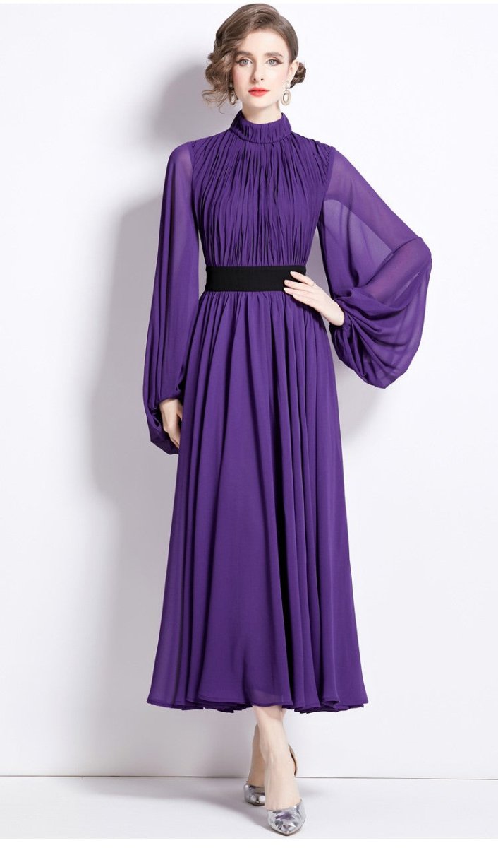 cinched waist flowing purple chiffon maxi dress all purple 1