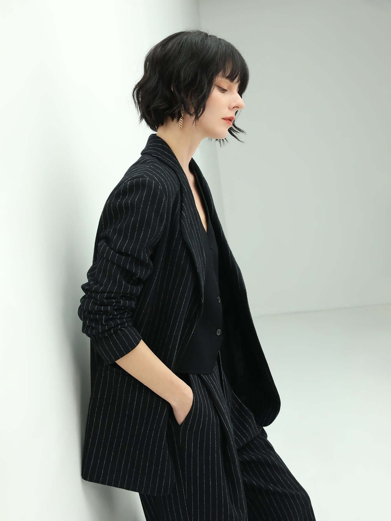 classic black pinstripe tailored blazer all black 2