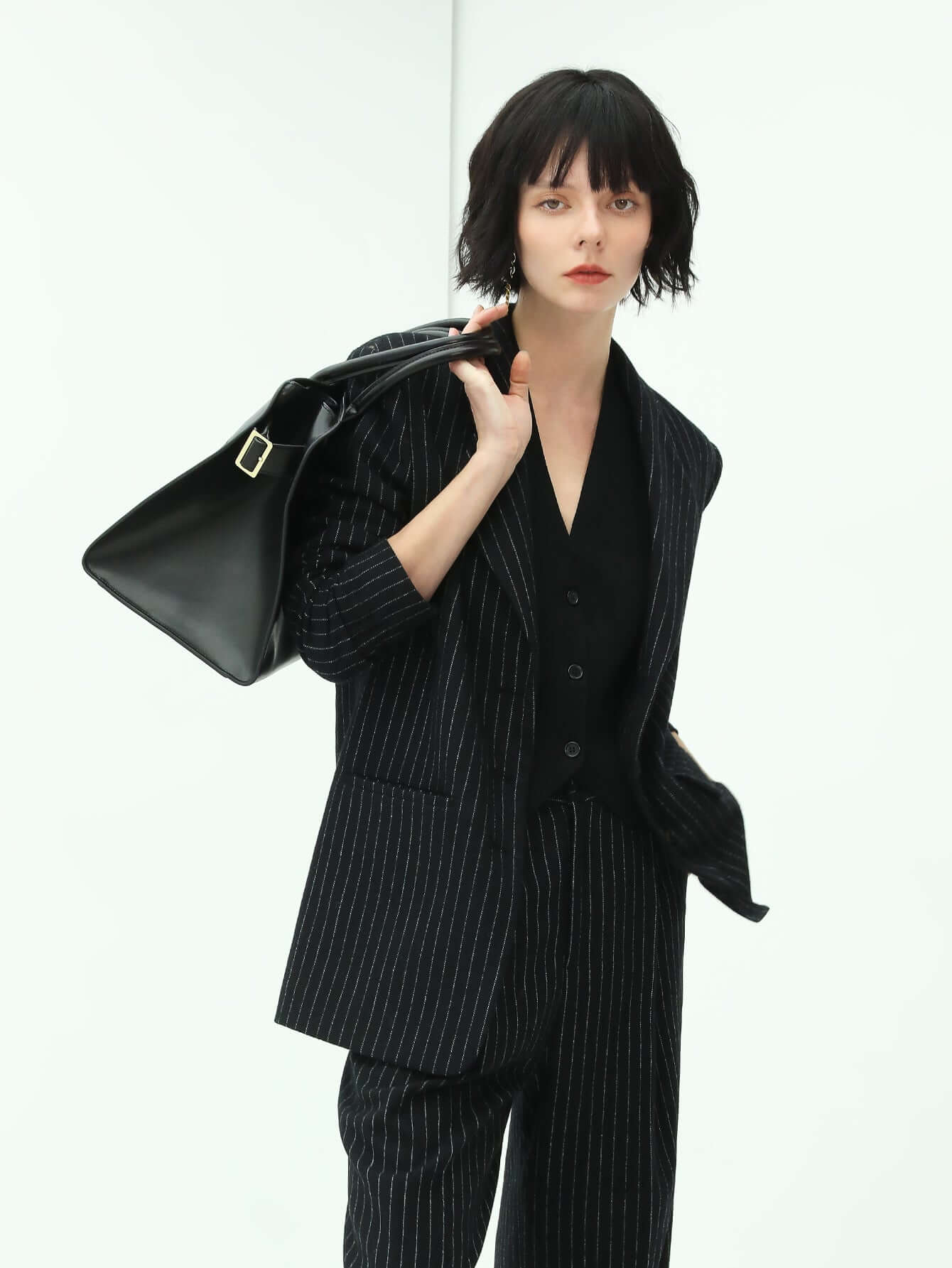 classic black pinstripe tailored blazer all black 3