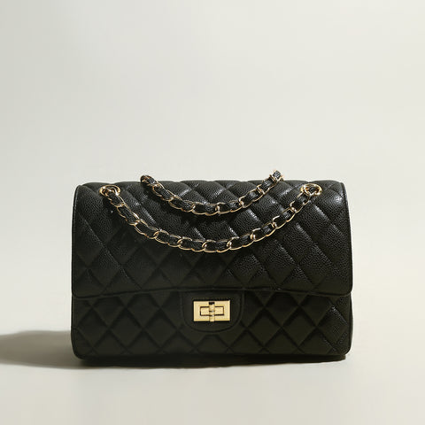 Classic Black Quilted Caviar Leather Flap Shoulder Bag – Diamond Quilted Chain Strap Crossbody Bag