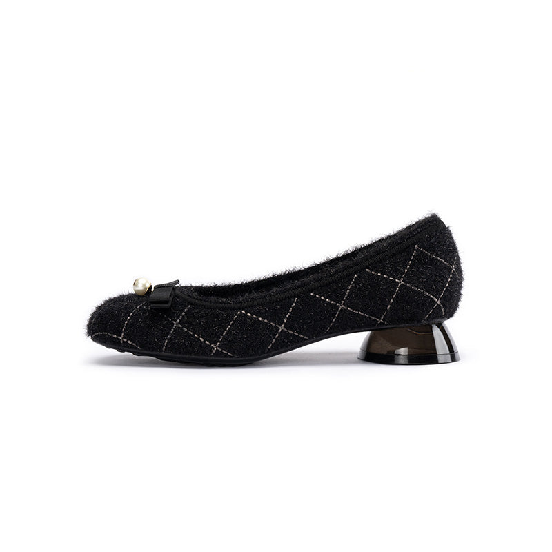 Classic Bow Tweed Quilted Pumps – Pearl Detail Block Heel Shoes